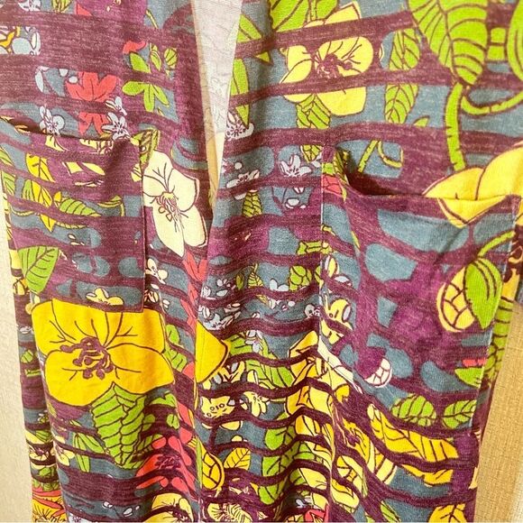 Lularoe Bright Floral Duster Jacket Maxi Cardigan Purple Blue Yellow Pockets M - Picture 4 of 5